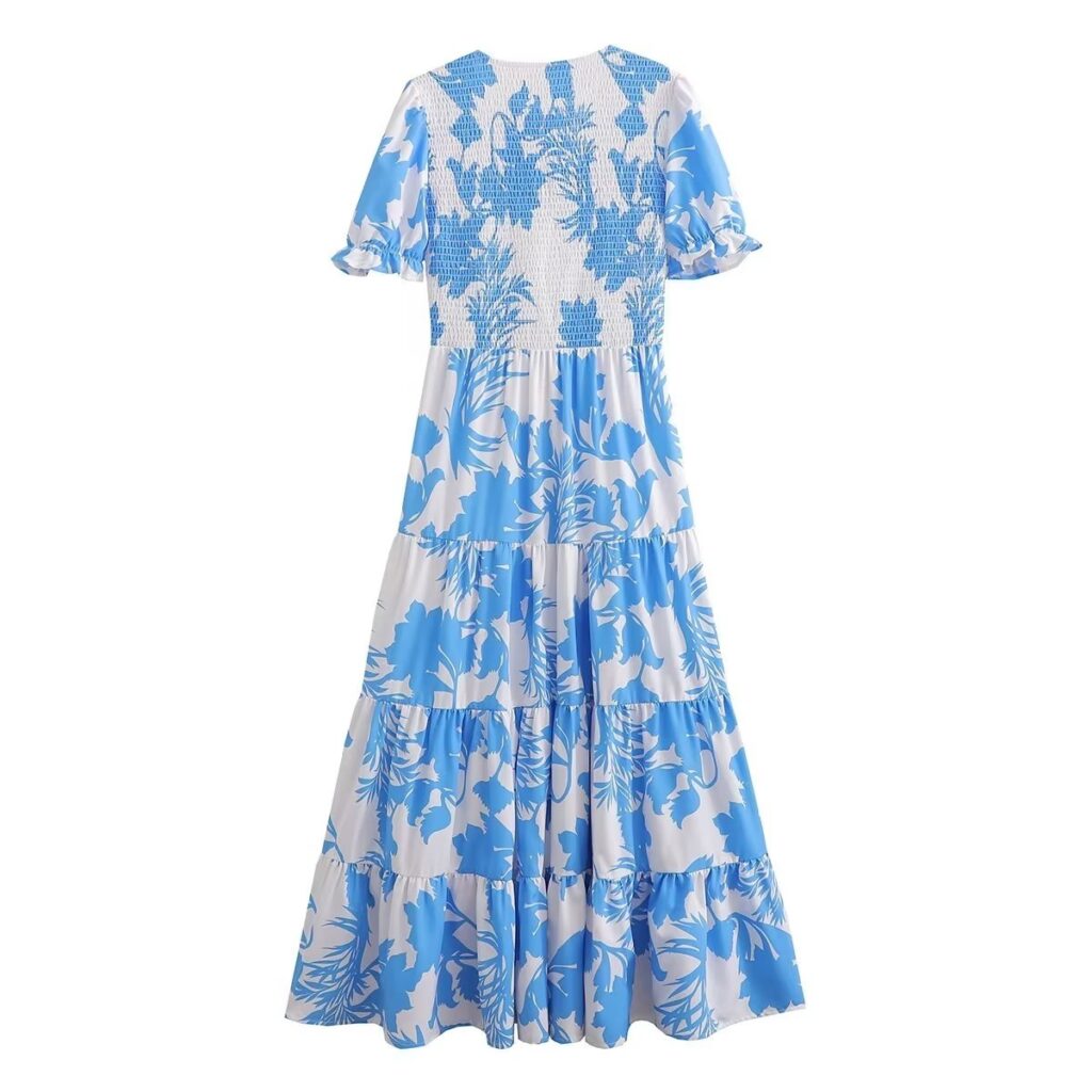 Vacation Printed Sexy V neck Double Breasted Tight Waist Thin over the Knee Split Dress Women - Image 2