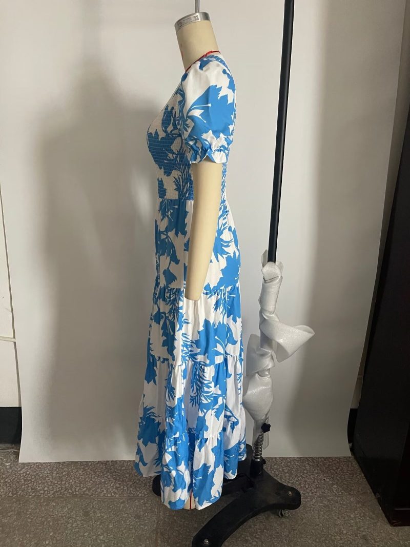 Vacation Printed Sexy V neck Double Breasted Tight Waist Thin over the Knee Split Dress Women - Image 4