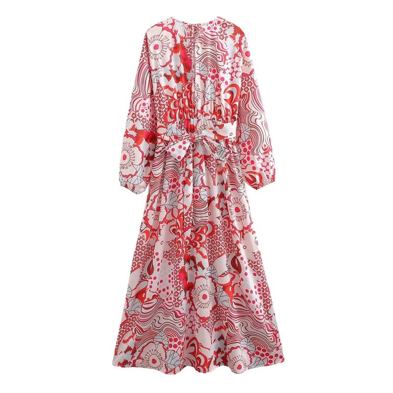 V neck Backless Lace up Lantern Sleeve Split Dress Bohemian Retro Dress Women - Image 2