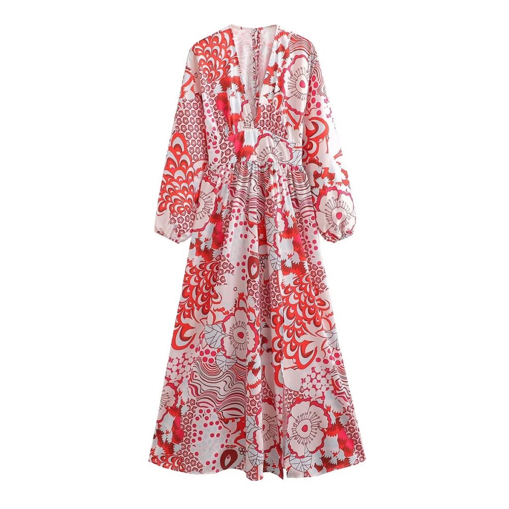 V neck Backless Lace up Lantern Sleeve Split Dress Bohemian Retro Dress Women - Image 3