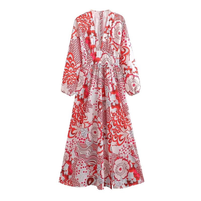 V neck Backless Lace up Lantern Sleeve Split Dress Bohemian Retro Dress Women - Image 3