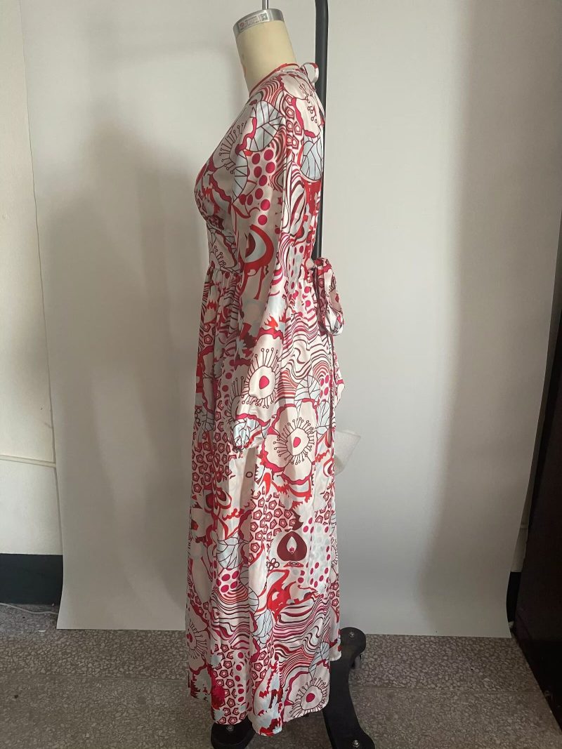 V neck Backless Lace up Lantern Sleeve Split Dress Bohemian Retro Dress Women - Image 5