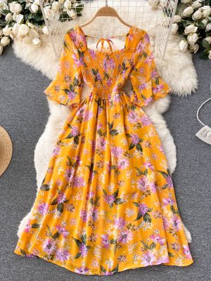 New French Vintage Chiffon Dress Tea Break Square Neck Flare Sleeves Waist Slim Girl Long Dress