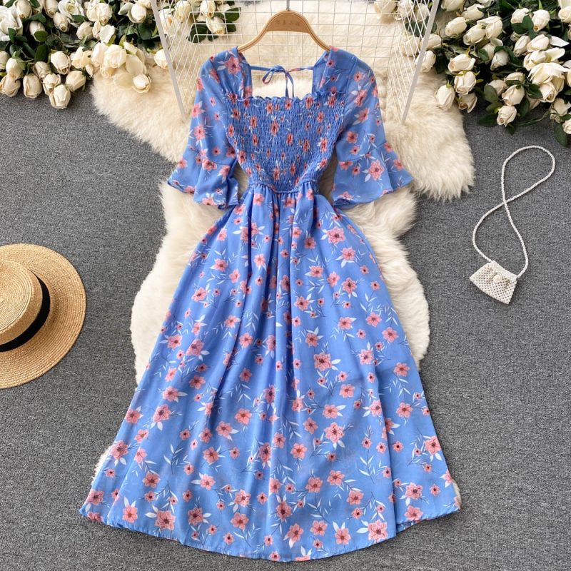 New French Vintage Chiffon Dress Tea Break Square Neck Flare Sleeves Waist Slim Girl Long Dress - Image 2