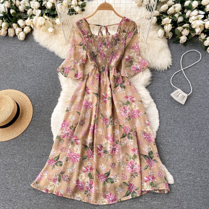 New French Vintage Chiffon Dress Tea Break Square Neck Flare Sleeves Waist Slim Girl Long Dress - Image 3