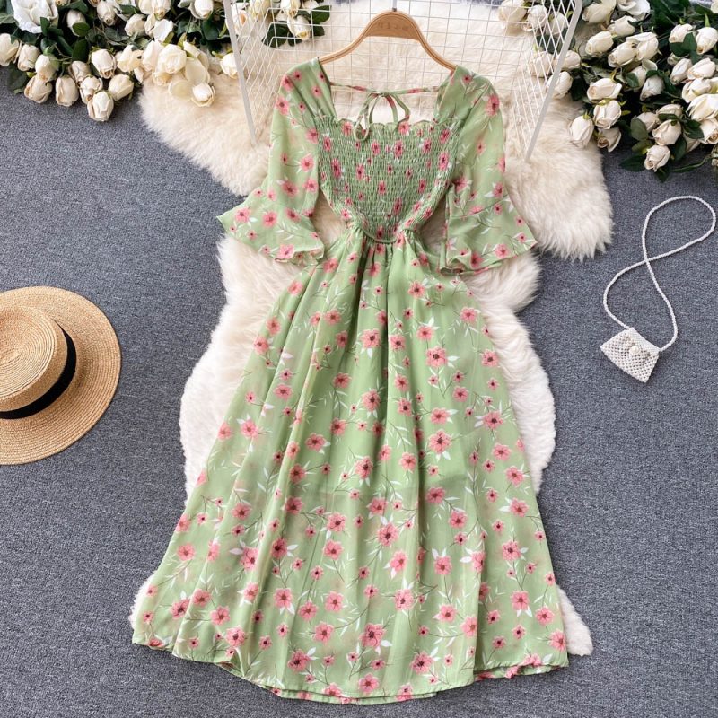 New French Vintage Chiffon Dress Tea Break Square Neck Flare Sleeves Waist Slim Girl Long Dress - Image 4