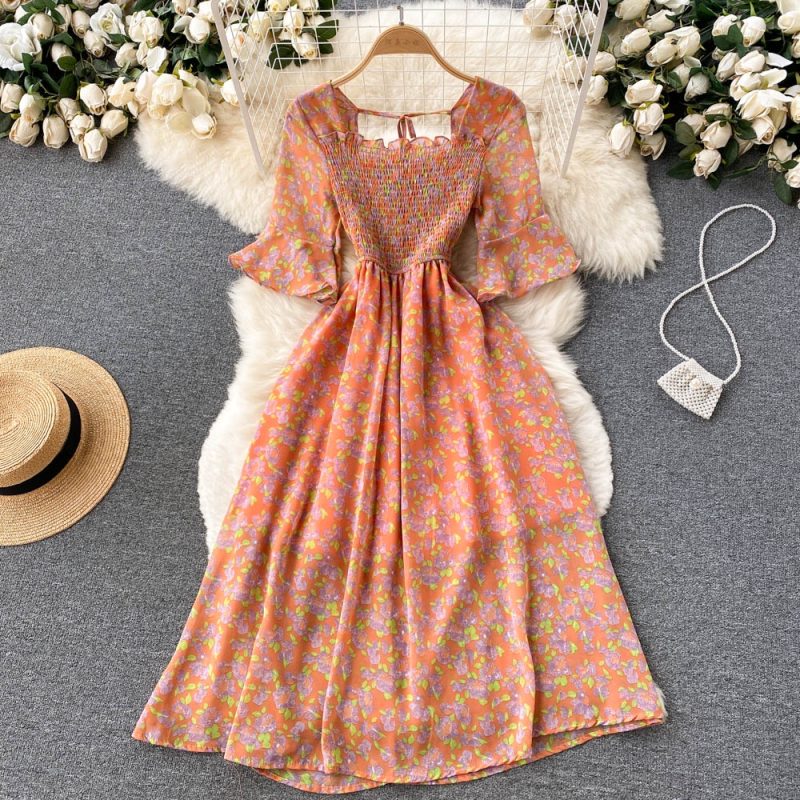New French Vintage Chiffon Dress Tea Break Square Neck Flare Sleeves Waist Slim Girl Long Dress - Image 5