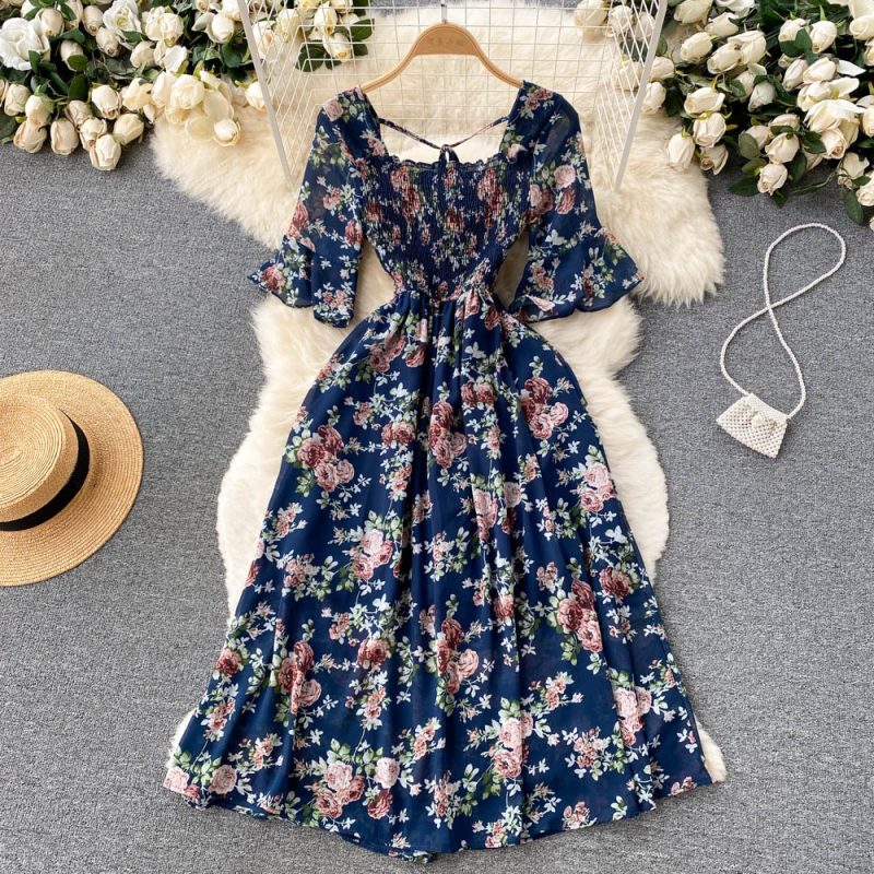 New French Vintage Chiffon Dress Tea Break Square Neck Flare Sleeves Waist Slim Girl Long Dress - Image 7