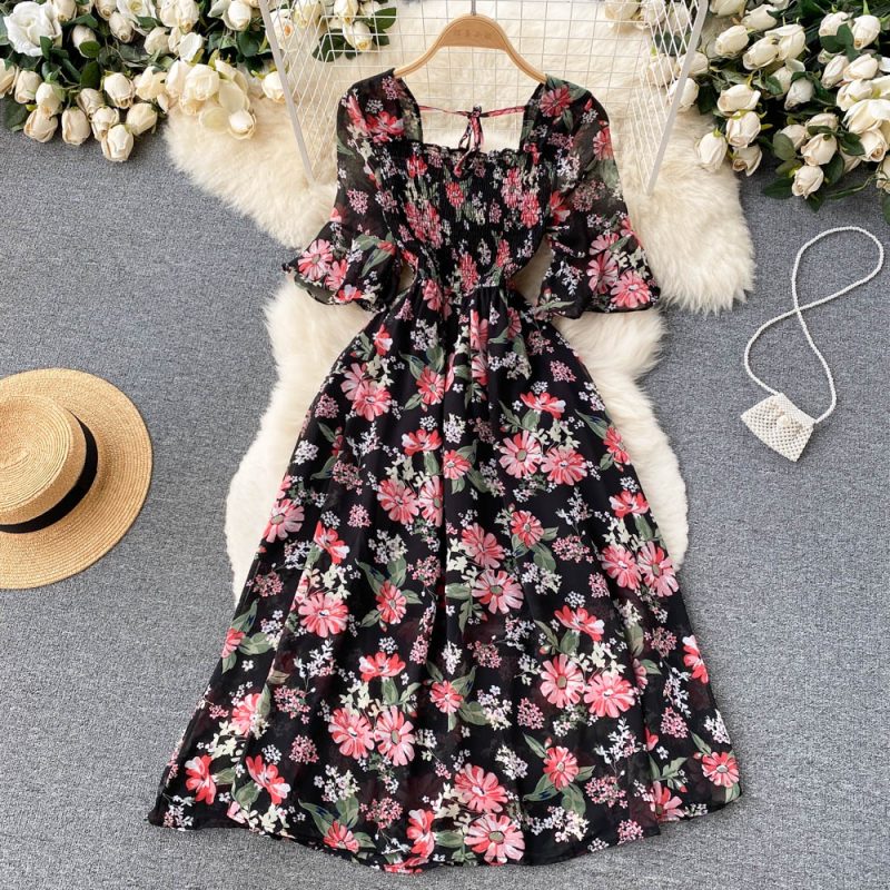 New French Vintage Chiffon Dress Tea Break Square Neck Flare Sleeves Waist Slim Girl Long Dress - Image 8