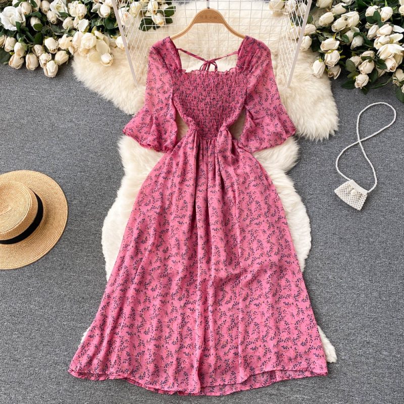 New French Vintage Chiffon Dress Tea Break Square Neck Flare Sleeves Waist Slim Girl Long Dress - Image 9