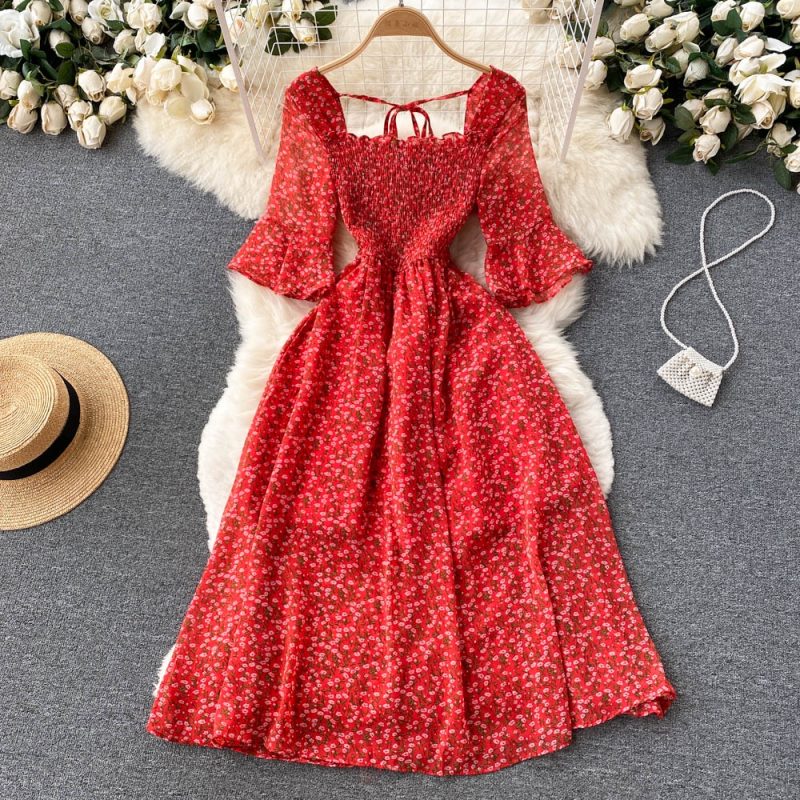New French Vintage Chiffon Dress Tea Break Square Neck Flare Sleeves Waist Slim Girl Long Dress - Image 10