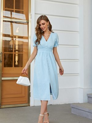 Women Summer Puff Sleeve V Neck Solid Elegant Regular Daily Midi A Line Dress Split Dress