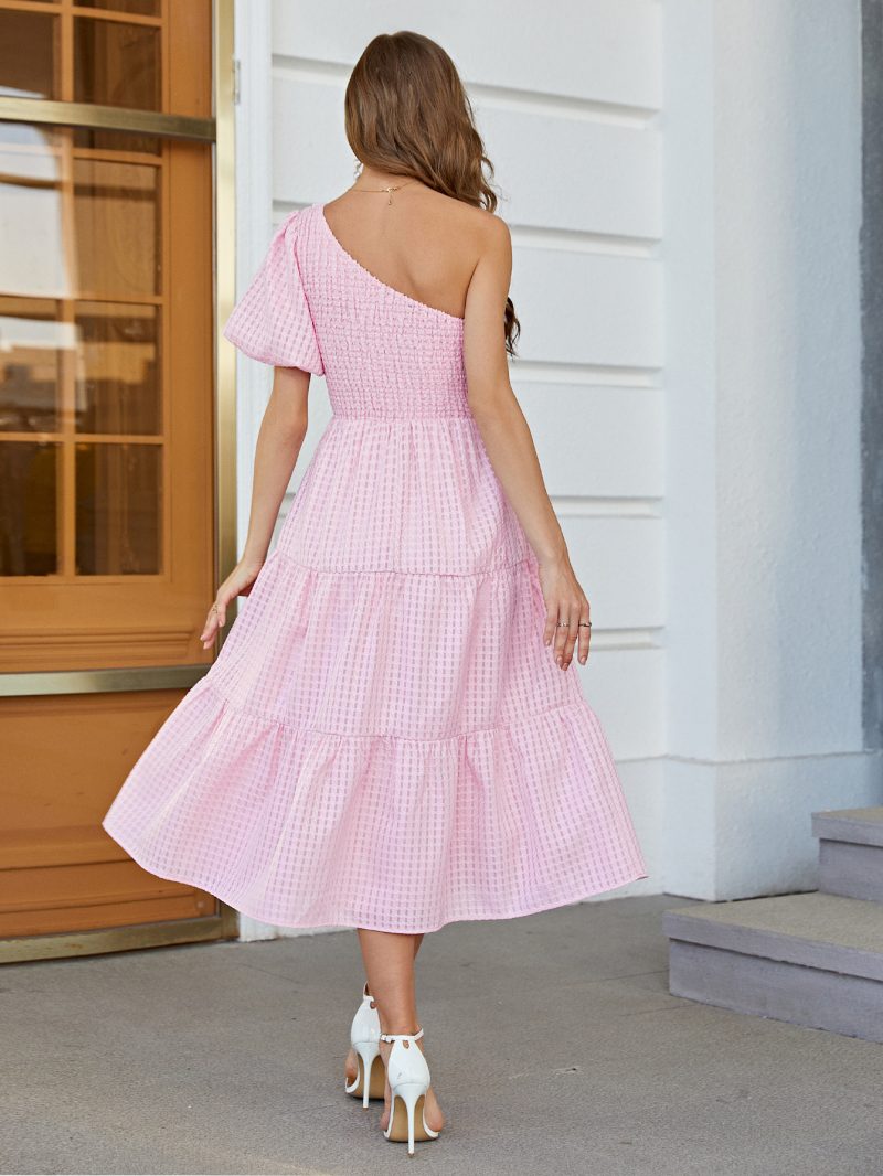 Women Summer Solid One Shoulder Daily A Line Ruffled  Asymmetrical Dress - Image 6