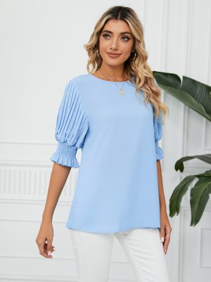 Solid Color round Neck Ruffled Princess Sleeves Loose Chiffon Blouses  Women