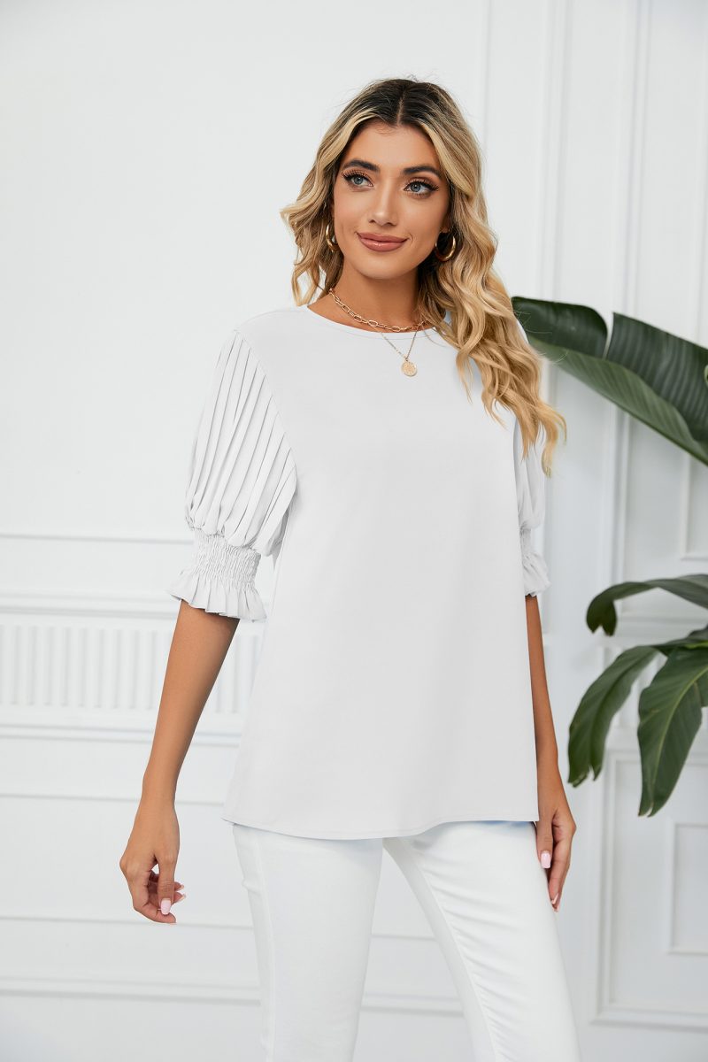 Solid Color round Neck Ruffled Princess Sleeves Loose Chiffon Blouses  Women - Image 3