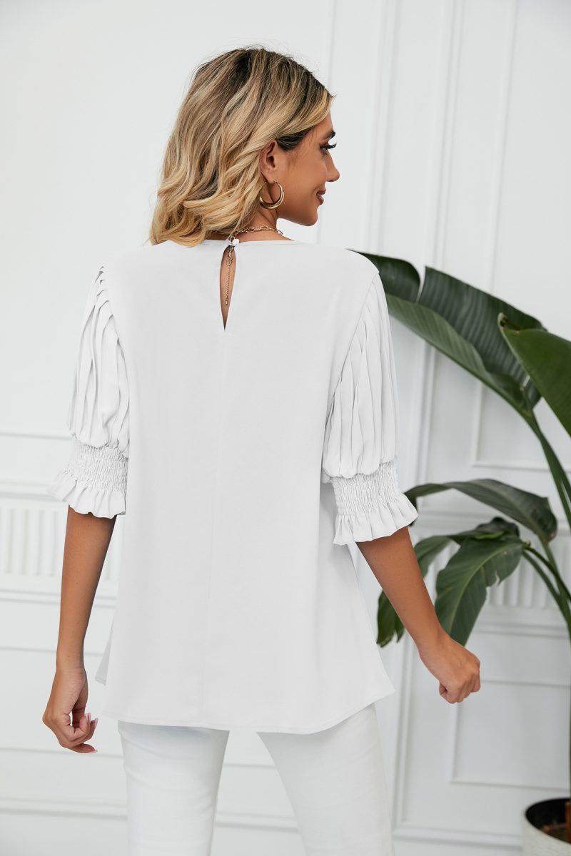 Solid Color round Neck Ruffled Princess Sleeves Loose Chiffon Blouses  Women - Image 4
