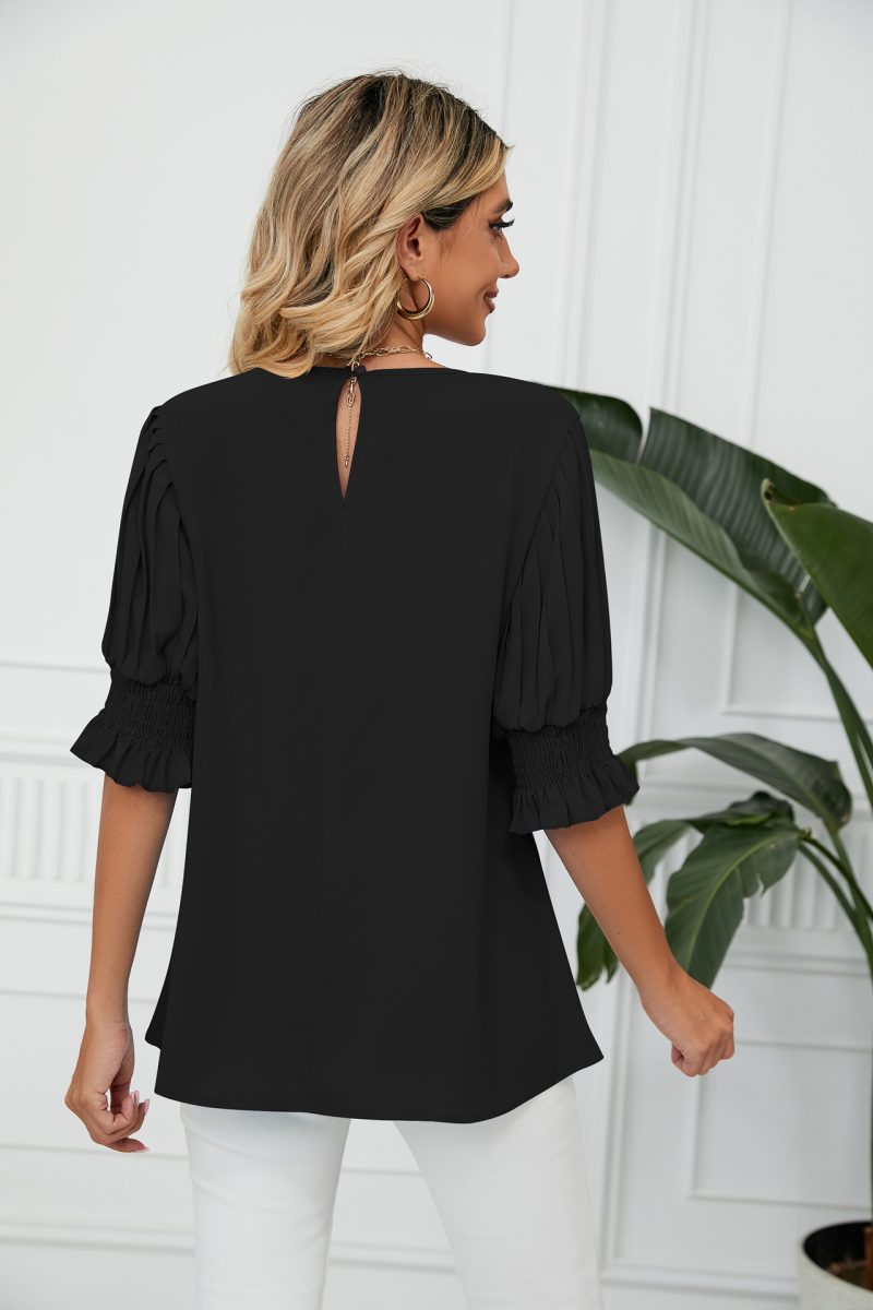 Solid Color round Neck Ruffled Princess Sleeves Loose Chiffon Blouses  Women - Image 6