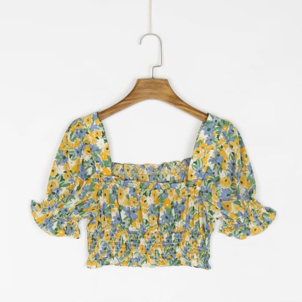 French Retro Short High Waist Fresh Floral Top Women Square Collar Pastoral Puff Sleeve Slim Waist Tight Shirt - Image 2