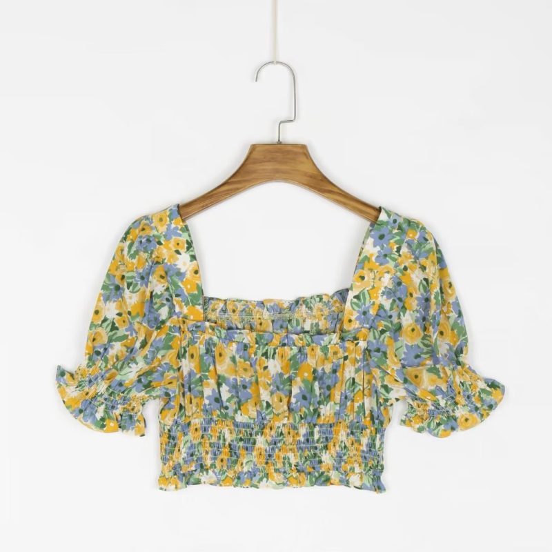 French Retro Short High Waist Fresh Floral Top Women Square Collar Pastoral Puff Sleeve Slim Waist Tight Shirt - Image 2