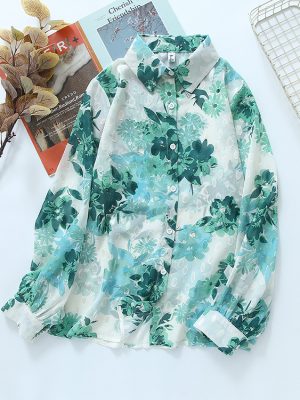 Women Spring Fall Casual Floral Regular Collared Long Sleeve Shirts