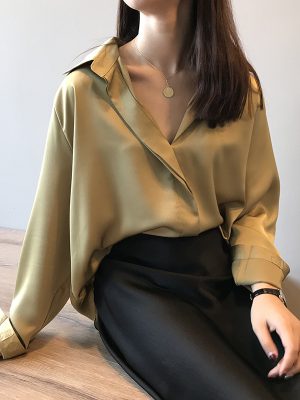 Spring Elegant Satin Shirt Women Long Sleeved Shirt Loose Solid Color Shirt