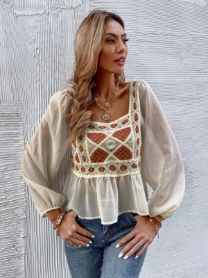 Women Spring Fall Elegant Regular Long Sleeve Color Block Patchwork Blouses