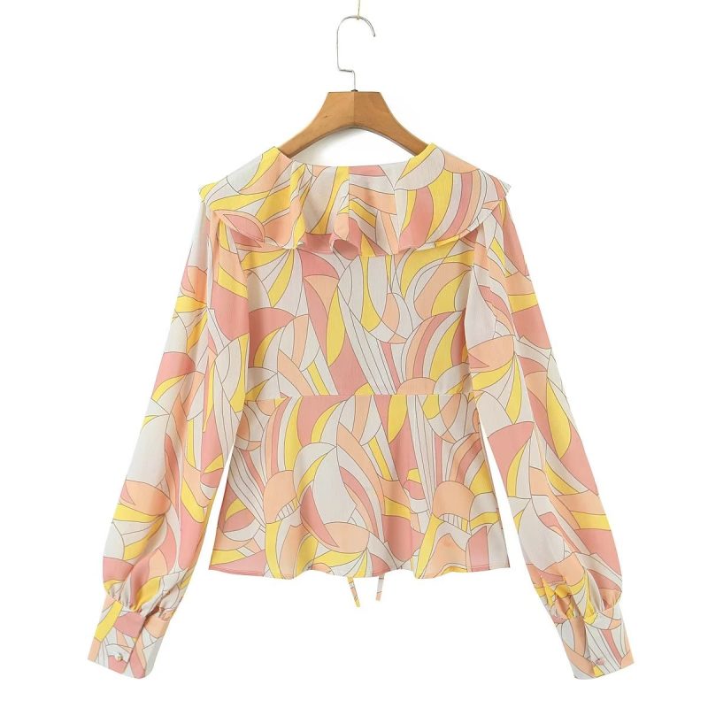 Autumn Winter Printed Lantern Sleeve Collared Cardigan Single Breasted Casual Shirt Women Top - Image 4