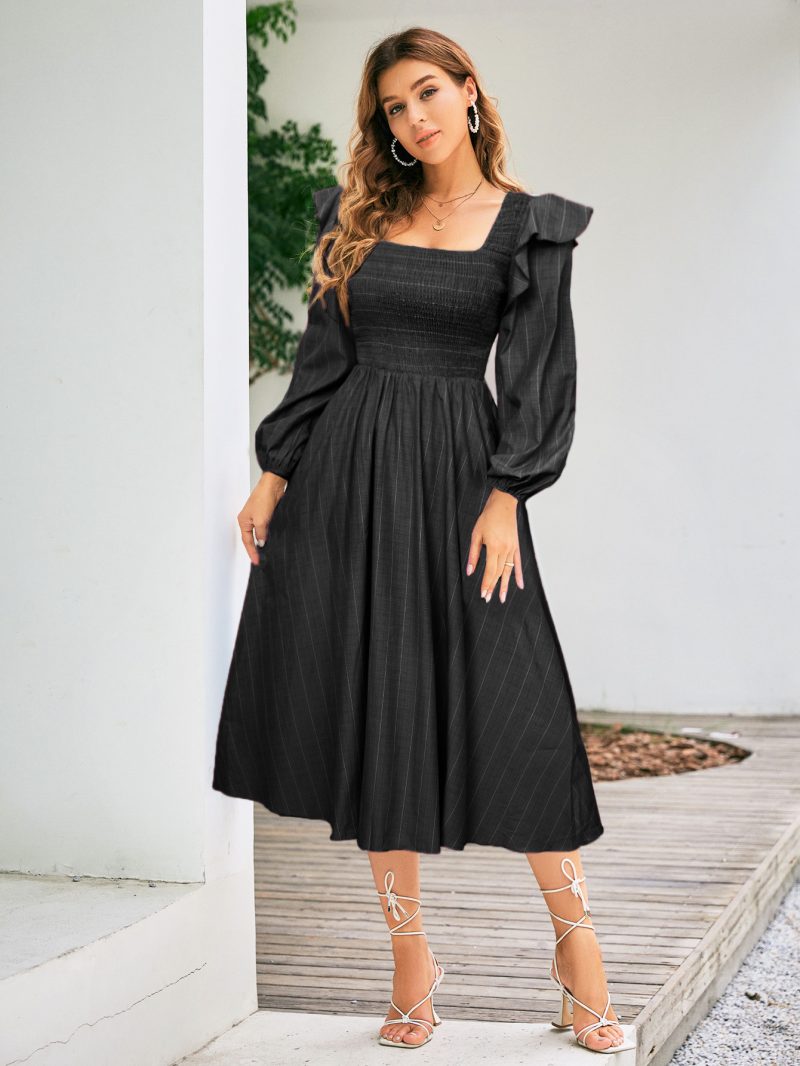 Women Spring Fall Ruffle Stripe Smocked Elegant Regular Daily Midi A Line Dress - Image 2