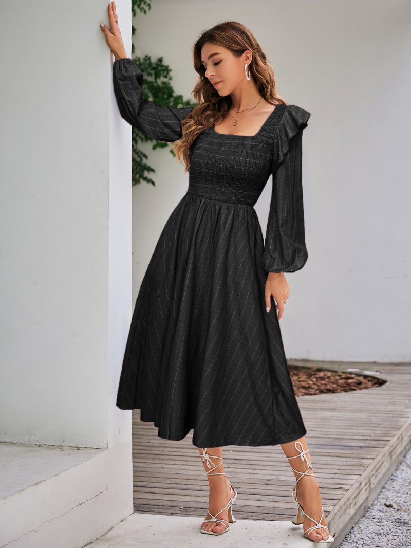 Women Spring Fall Ruffle Stripe Smocked Elegant Regular Daily Midi A Line Dress - Image 3