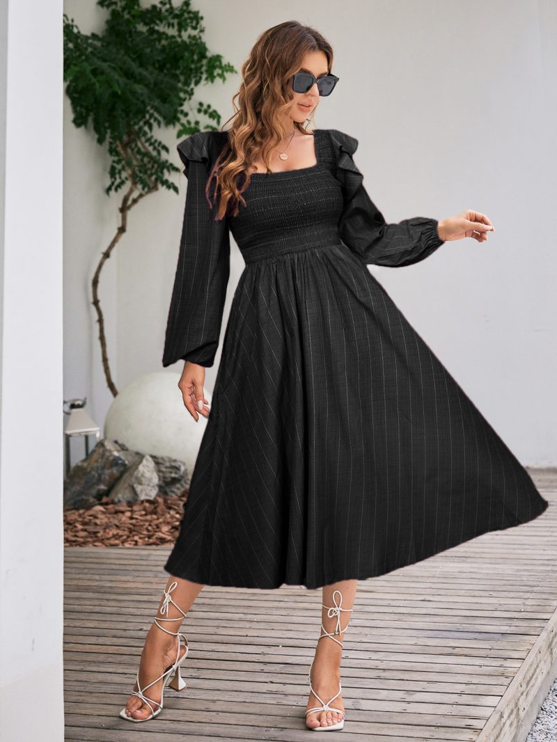Women Spring Fall Ruffle Stripe Smocked Elegant Regular Daily Midi A Line Dress - Image 4