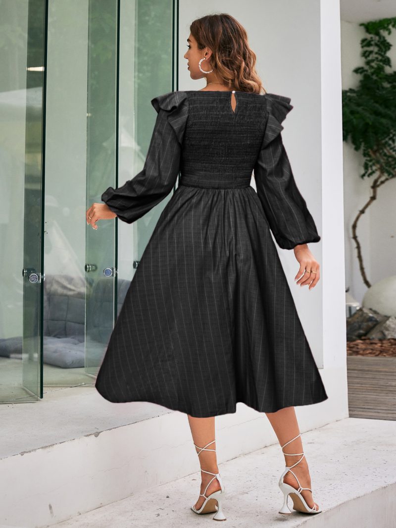 Women Spring Fall Ruffle Stripe Smocked Elegant Regular Daily Midi A Line Dress - Image 5
