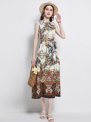 Elegant Sleeveless Floral Belted A Line Max Dress