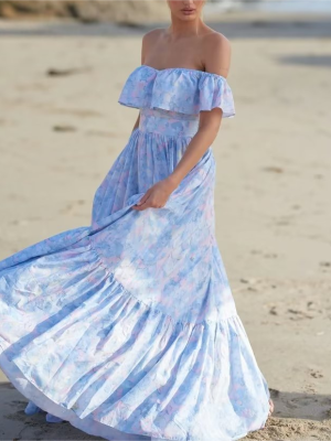 Spring Blogger off Shoulder Tie Dyed Printed Bow Belt Dress