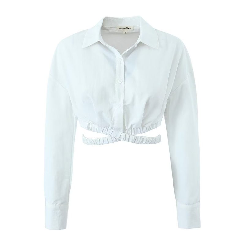 Spring Sexy Collared Single Breasted Hem Criss Cross Tie Waist Short Shirt - Image 2