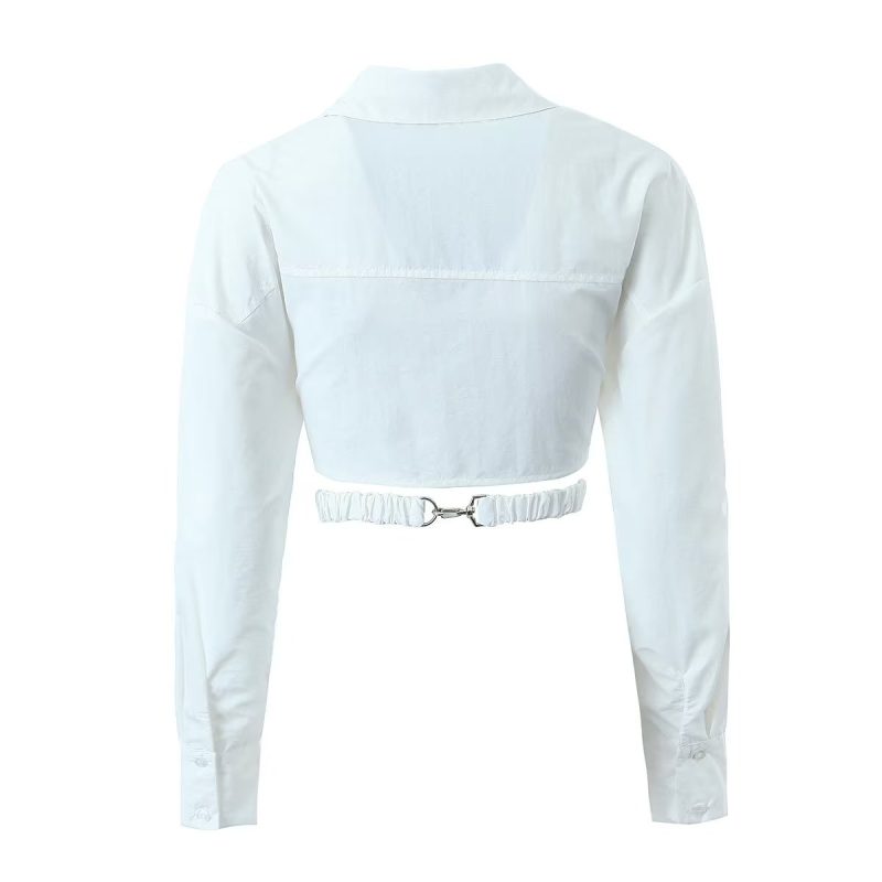 Spring Sexy Collared Single Breasted Hem Criss Cross Tie Waist Short Shirt - Image 3