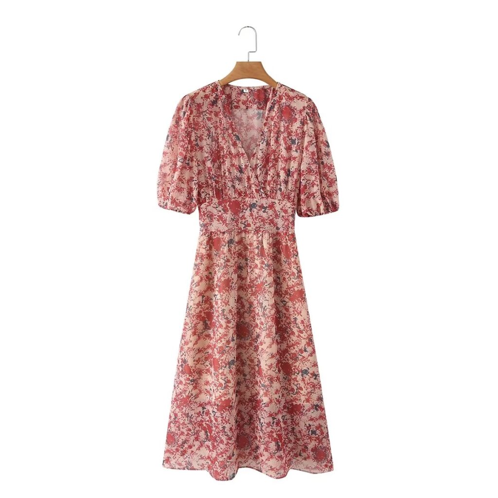 Women Clothing V neck Printed Lace up Waist Controlled Dress Maxi Dress