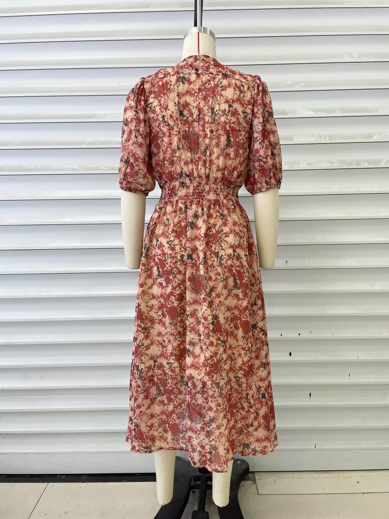 Women Clothing V neck Printed Lace up Waist Controlled Dress Maxi Dress - Image 5