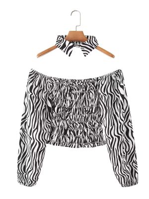 Spring Autumn Zebra Pattern Short Strapless Detachable Collar Puff Sleeve Shirt Top Women