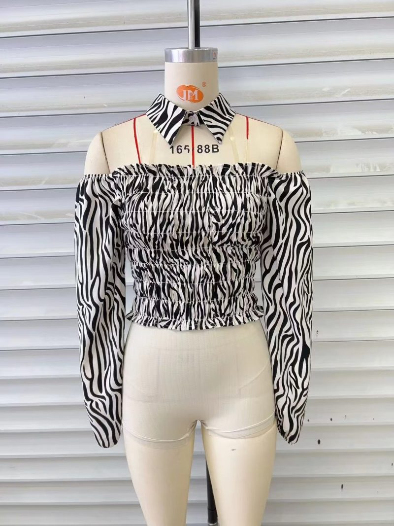 Spring Autumn Zebra Pattern Short Strapless Detachable Collar Puff Sleeve Shirt Top Women - Image 3