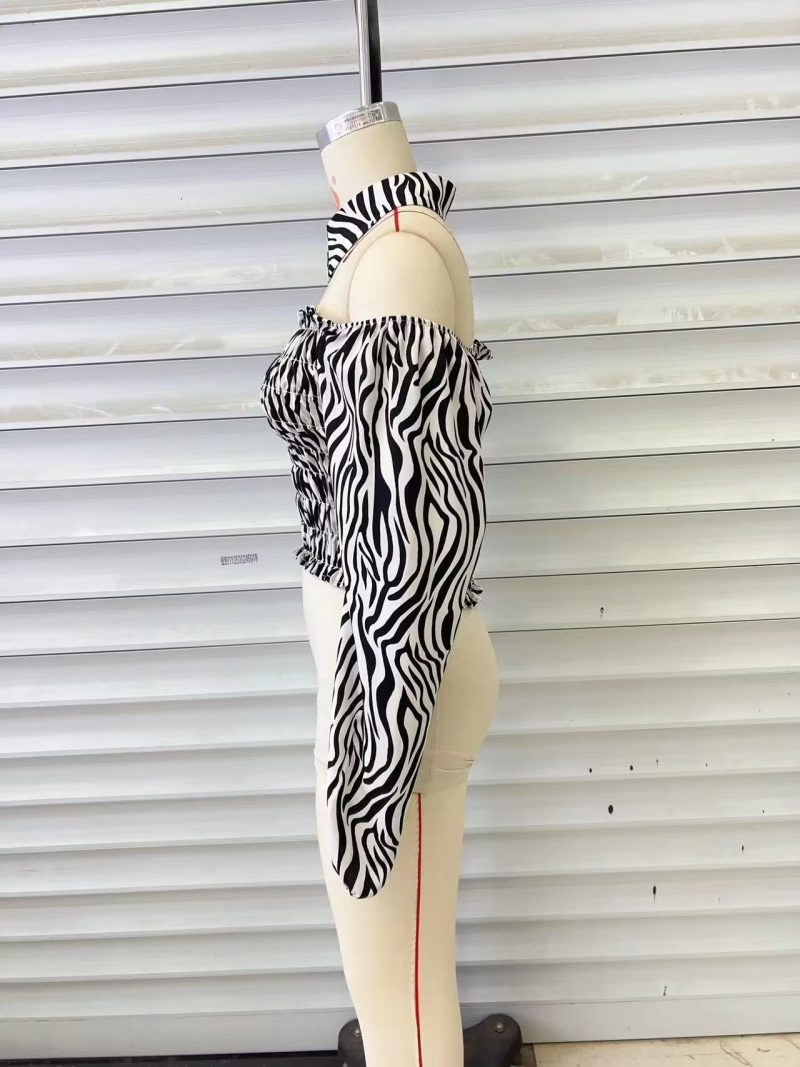 Spring Autumn Zebra Pattern Short Strapless Detachable Collar Puff Sleeve Shirt Top Women - Image 4
