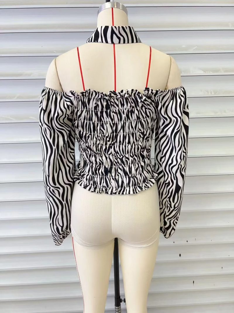 Spring Autumn Zebra Pattern Short Strapless Detachable Collar Puff Sleeve Shirt Top Women - Image 5