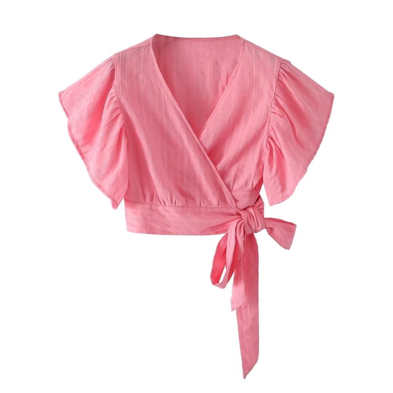 Fall Women  Clothing V neck Pink Texture Lace up Shirt - Image 3