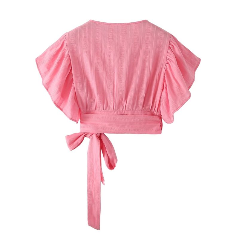 Fall Women  Clothing V neck Pink Texture Lace up Shirt - Image 4
