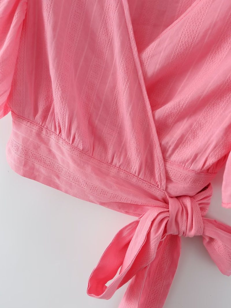 Fall Women  Clothing V neck Pink Texture Lace up Shirt - Image 6