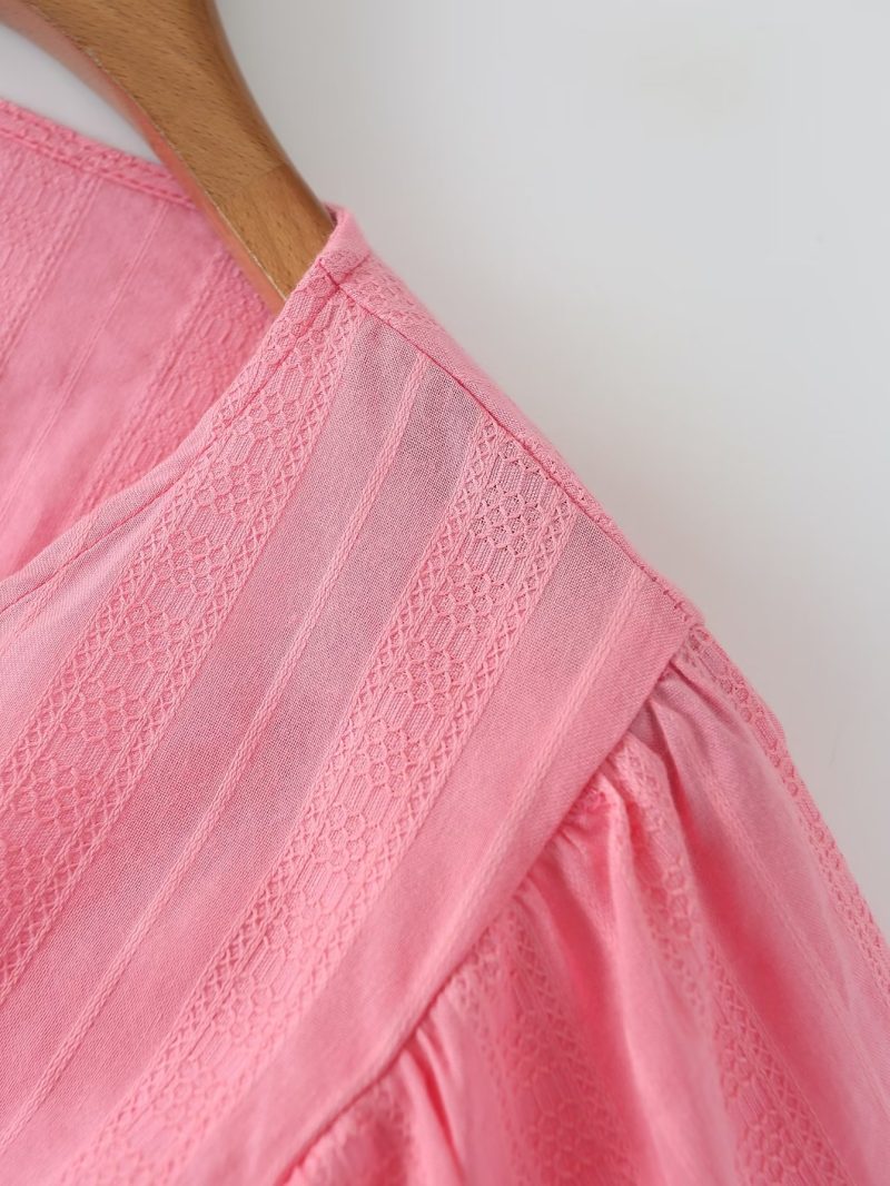 Fall Women  Clothing V neck Pink Texture Lace up Shirt - Image 7
