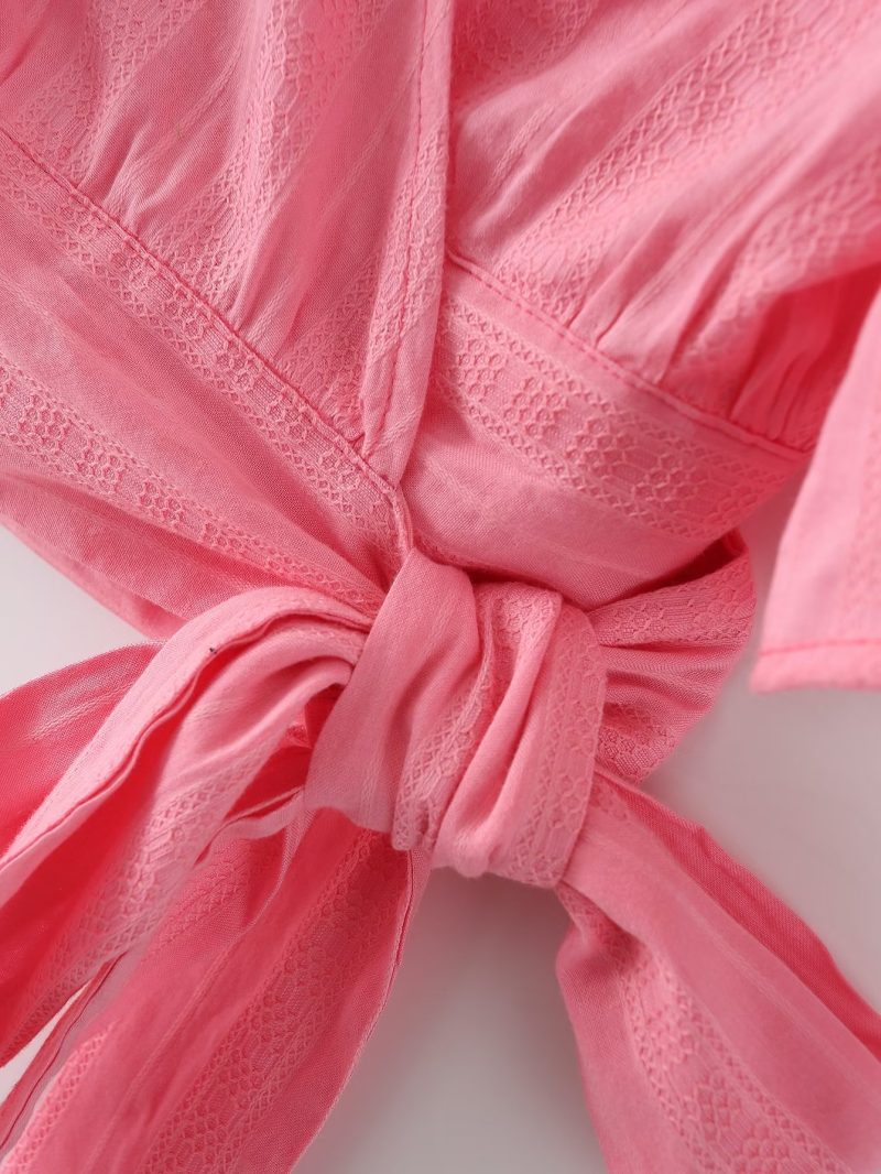 Fall Women  Clothing V neck Pink Texture Lace up Shirt - Image 9