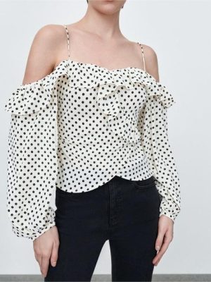 Autumn Urban Casual Korean Women  Polka Dot Pullover Boat Neck off the Shoulder Strap Shirt