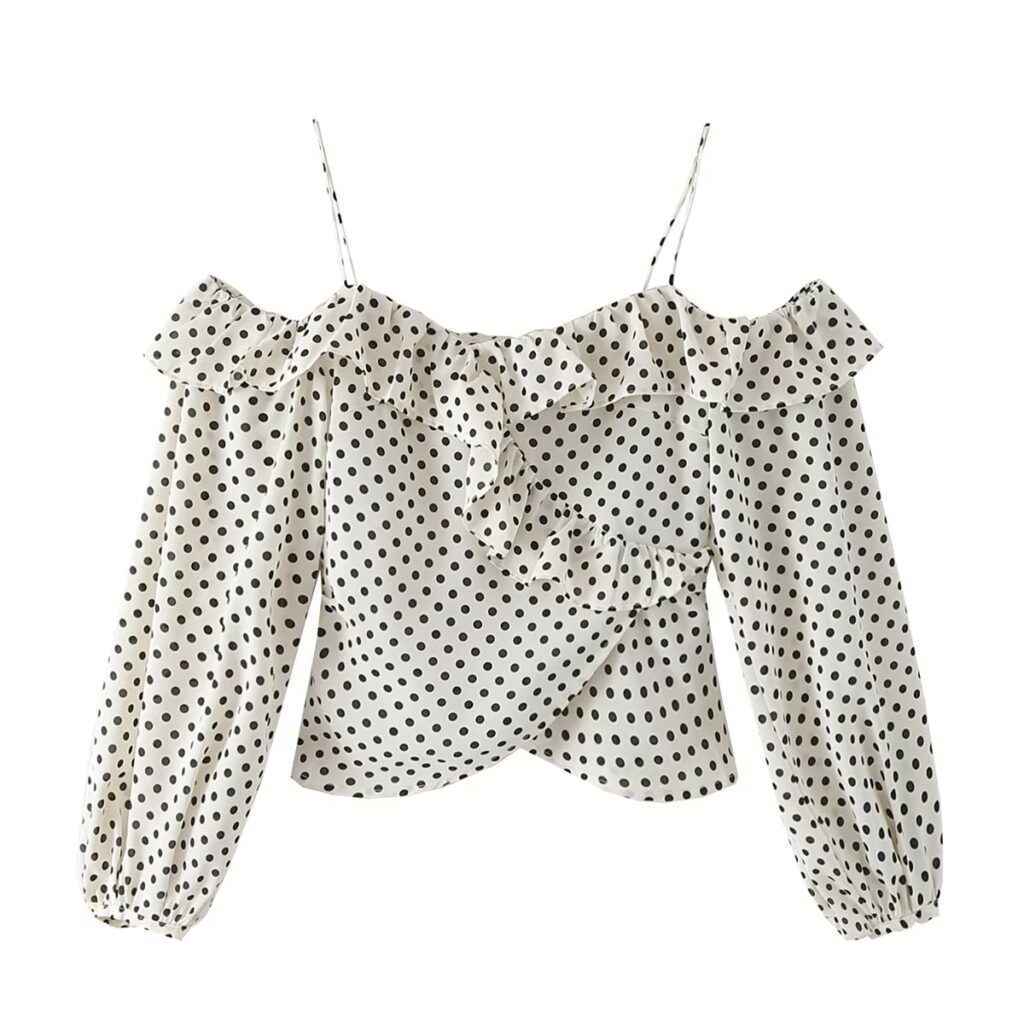 Autumn Urban Casual Korean Women  Polka Dot Pullover Boat Neck off the Shoulder Strap Shirt - Image 3