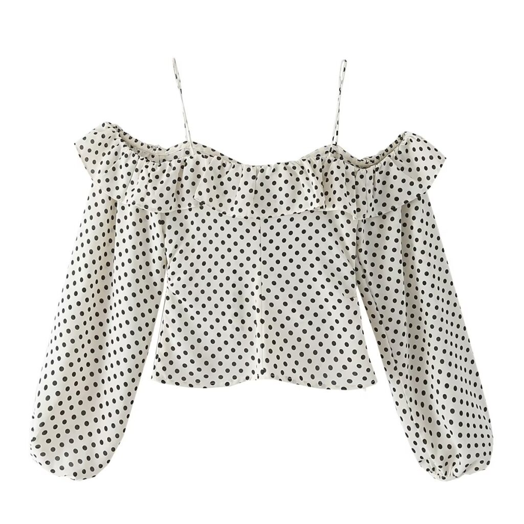 Autumn Urban Casual Korean Women  Polka Dot Pullover Boat Neck off the Shoulder Strap Shirt - Image 4