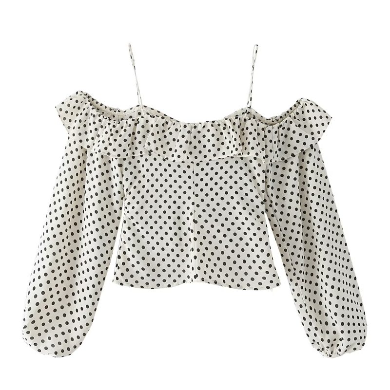 Autumn Urban Casual Korean Women  Polka Dot Pullover Boat Neck off the Shoulder Strap Shirt - Image 4